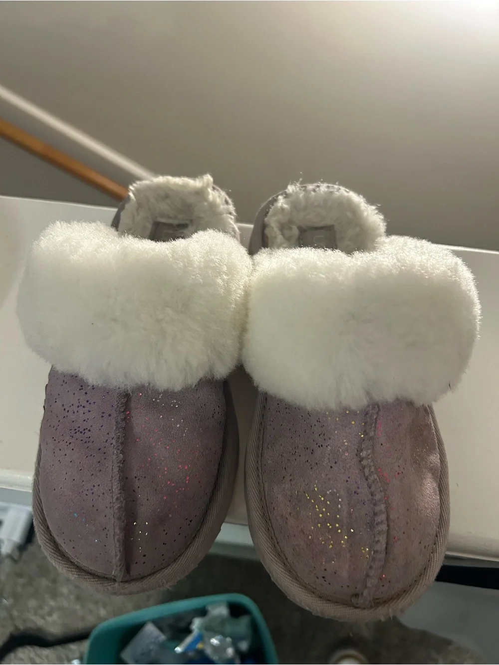 UGG Kids Glitter Suede Slippers with White Faux Fur Cuff